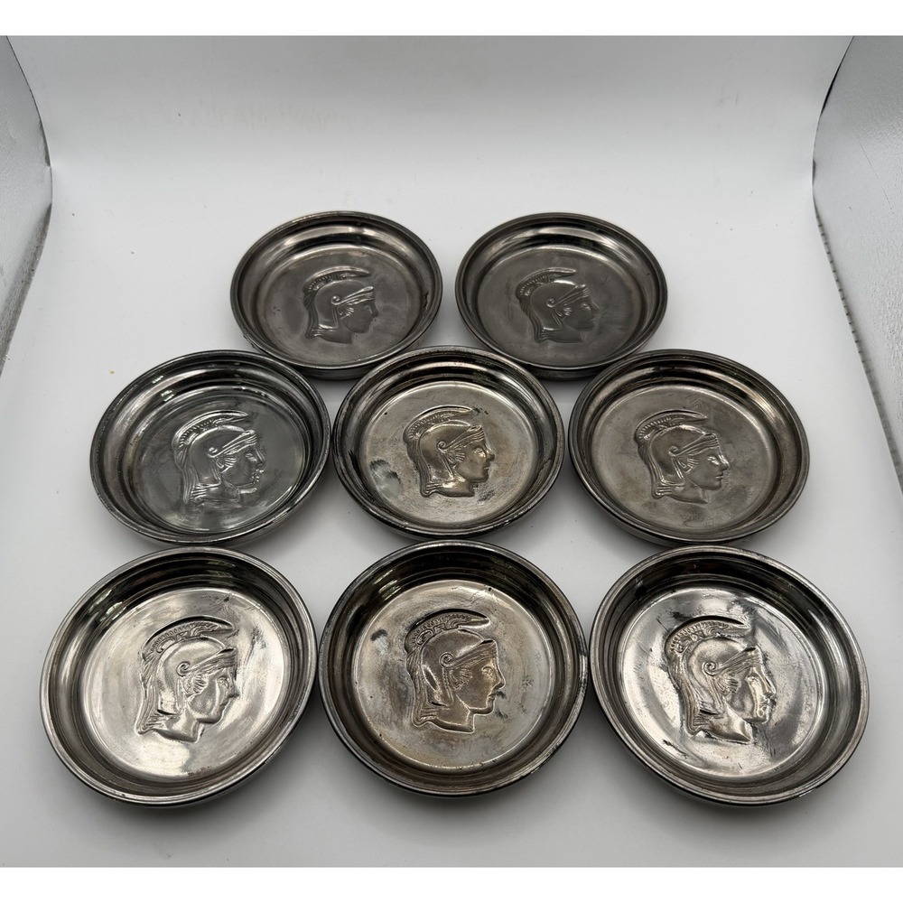 Vintage Mercury Glass Roman Soldier Spartan Coasters Set of 8 4" Silver